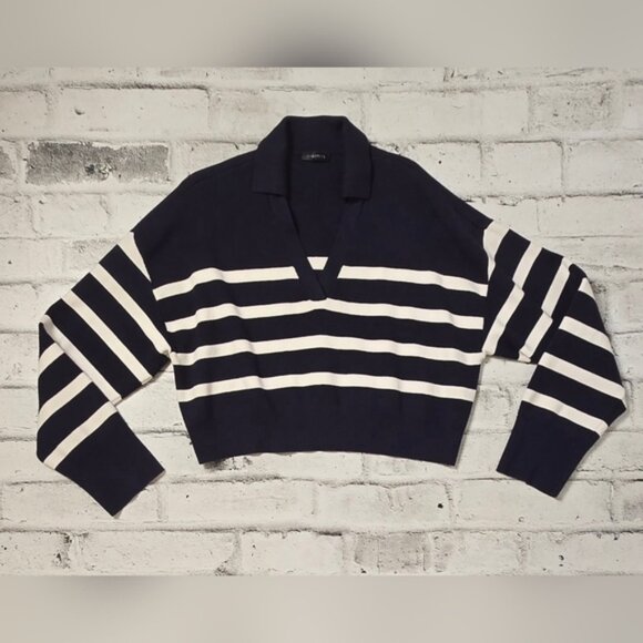 Dynamite Navy and White Striped Cropped V-Neck Sweater - Picture 3 of 9